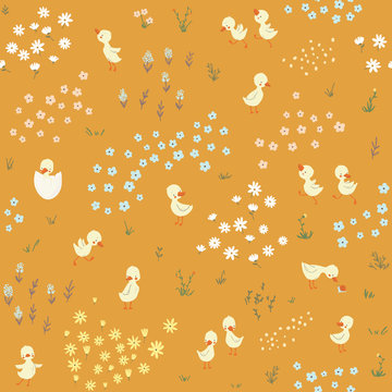 Cute little ducks childish seamless pattern