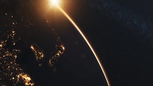 4K Beautiful Sunrise over Japan. Realistic earth with night lights from space. High quality 3d animation. Elements of this image furnished by NASA.