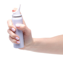 sea water for the nose in hand on white background isolation. Pharmacy and medicine concept