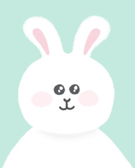Cute white bunny on mint green background Rabbit on turquoise texture Funny character