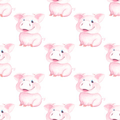 Obraz premium Pig seamless pattern Watercolor piglet background Farm animals Cute character Scrapbook Wrapping paper