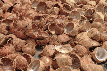 Pile of discarded coconut shells and husks, soft focus