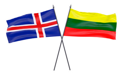 Iceland and Lithuania, two crossed flags isolated on white background. 3d image