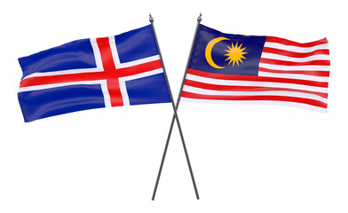 Iceland and Malaysia, two crossed flags isolated on white background. 3d image