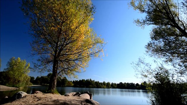 Idyllic autumn lake scenery from Great Spekte Lake (Grosser Spektesee) in Berlin Spandau from October 1, 2015, Germany