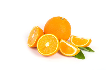 oranges with leaves isolated on white background
