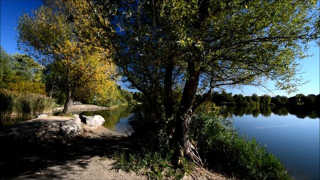 Idyllic autumn lake scenery from Great Spekte Lake (Grosser Spektesee) in Berlin Spandau from October 1, 2015, Germany