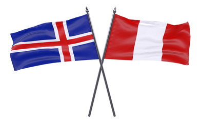Iceland and Peru, two crossed flags isolated on white background. 3d image