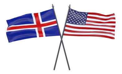 Iceland and USA, two crossed flags isolated on white background. 3d image