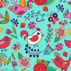 Floral seamless pattern with bird. Illustration can be used for cover, business card, background for poster, fabrics, wallpaper, textiles