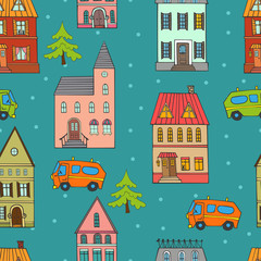 Naklejka premium Background seamless panorama of the city. Doodle. Sketch of city architecture. Vector illustration drawn by hand