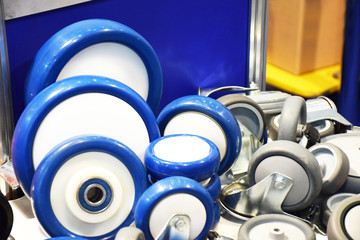 Industrial blue urethane on the plastic core wheels. Group of different size and diameter small wheelse for sale. Heavy Duty Fixed Polyurethane Industrial trolley Swivel Rubber Caster Wheels.