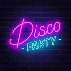 Neon sign Disco party on brick wall background.