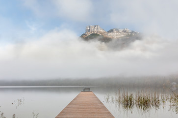 Wonderful Misty morning. autumn scene of Altaussee lake.