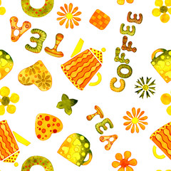 Seamless pattern with a picture of a teapot and a cup, the words tea and coffee, for the design of backgrounds, wallpapers, packages, wrappers, prints. For use in the business of a cafe, restaurant, c