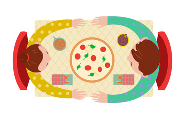 Cute couple at the restaurant at romantic dinner sitting at the table with pizza and drinks, view from above. Vector flat illustration in bright colors. 