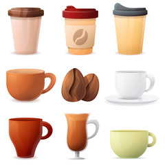 set of cartoon icons of coffee cups, vector illustration