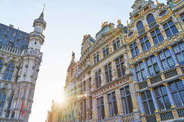 Old historical houses on the wesy side of Grand Place in Brussels, Belgium: Le Roy d'Espagne, La...