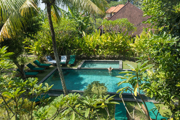 Young woman relaxing in outdoor swimming pool surrounded with lush tropical greenery of Ubud, Bali....