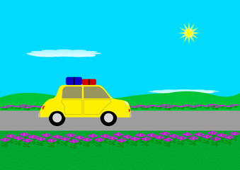 Fototapeta na wymiar Voiture jaune sur la route fleurie des vacances