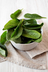 Raw spinach in a bowl, side view. Closeup.