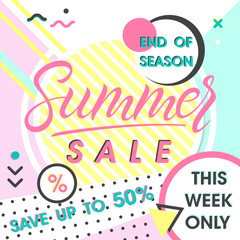 Fototapeta na wymiar Summer sale banner.Hand drawn lettering summer with geometric elements in memphis style.Sale season card perfect for prints, flyers,banners, promotion,special offer and more.