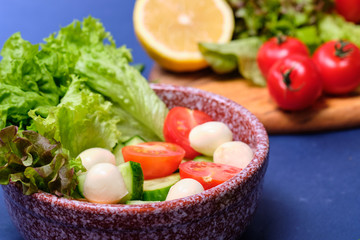 fresh vegetables and a bowl of salad with mozzarella on a blue background.  Caprese salad . Lettuce, cherry tomatoes, mozzarella, 