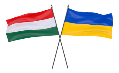 Hungary and Ukraine, two crossed flags isolated on white background. 3d image