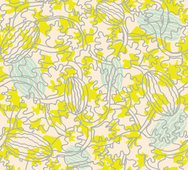 Layered watermelon seamless pattern in warm colors. Messy watermelon plant with leaves and stems for backgrounds, fashion, textile, wrapping paper and wallpaper