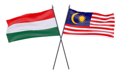Hungary and Malaysia, two crossed flags isolated on white background. 3d image