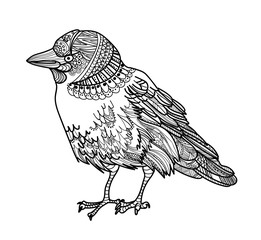 Bird of the jackdaw. Meditation, coloring of the mandala. The bird is in full growth. Many feathers, patterns. A sweet little bird. Drawing manually, templates. Strips, points, arrows.
