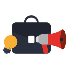 Business briefcase with bullhorn and bulb light