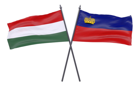 Hungary and Liechtenstein, two crossed flags isolated on white background. 3d image