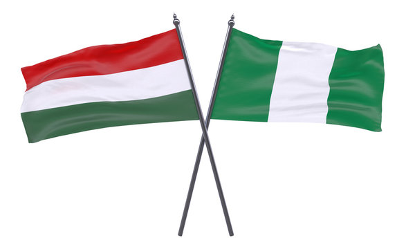 Hungary and Nigeria, two crossed flags isolated on white background. 3d image