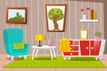 The interior of the living room in cartoon style with furniture. Armchair, table, chest of drawers and decor. - 262544032