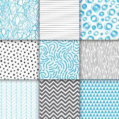 Abstract hand drawn geometric simple minimalistic seamless patterns set. Polka dot, stripes, waves, random symbols textures. Vector illustration