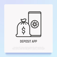 Deposit app thin line icon: bag with money on smartphone. Modern vector illustration.
