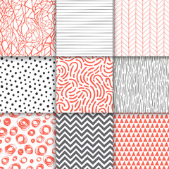 Abstract hand drawn geometric simple minimalistic seamless patterns set. Polka dot, stripes, waves, random symbols textures. Vector illustration