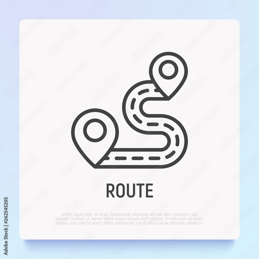 Poster route thin line icon: pointers are at the start and at the end of road. modern vector illustration o