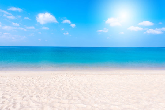 Relaxing Landscape view of white beach, clear sea and blue sky