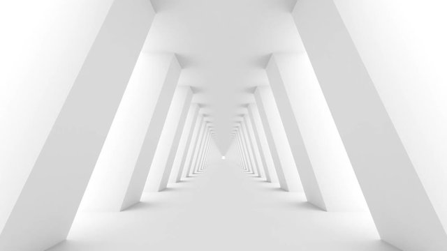 Futuristic empty white corridor with rectangular walls and bright light. Seamless looping animation.