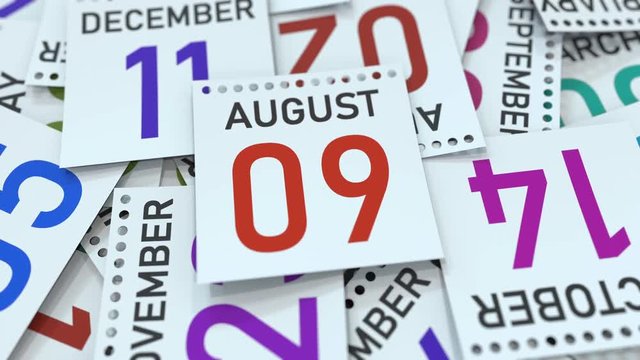August 9 date on calendar leaf. 3D animation