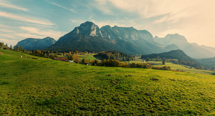 Amazing landscape in the Alps with  fresh green meadows under Sunlight in Warm Sunset.