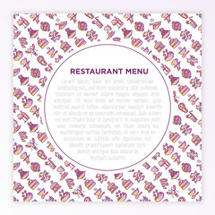 Restaurant menu concept with thin line icons: starters, chef dish, BBQ, soup, beef, steak, beverage, fish, salad, pizza, wine, seafood, burger. Modern vector illustration for print media, banner.