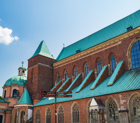 Sights pointer near Katedra Sw Jana Chrzciciela or Cathedral of St John the Baptist in Wroclaw, Poland.