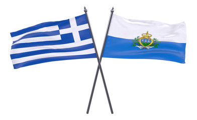 Obraz premium Greece and San Marino, two crossed flags isolated on white background. 3d image