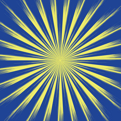 Sun yellow rays on blue background. Sun with long rays wallpaper, vector eps10.