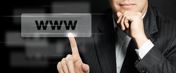 Business man pointing www address bar. Seo, internet marketing and advertising marketing concept. Human Hands Closeup