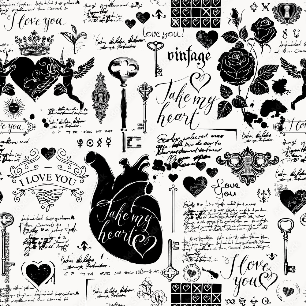 Poster vector seamless pattern on the theme of declaration of love and valentine day in retro style. abstra