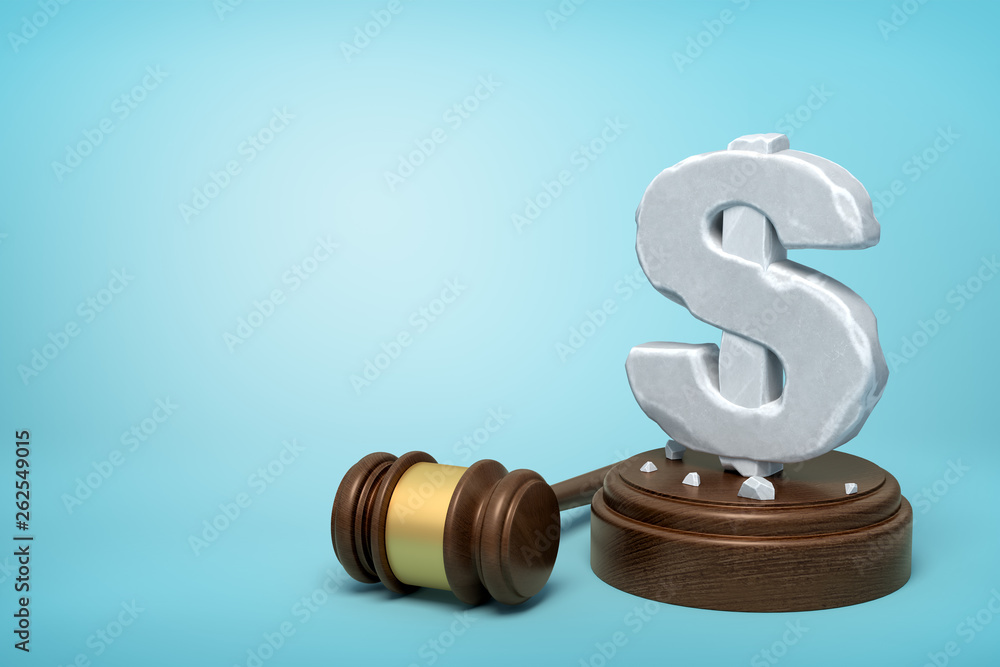 Poster 3d rendering of hefty stone dollar symbol standing on wooden sounding block with gavel beside on lig